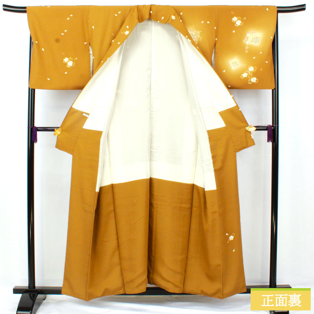 訪問着 正絹 袷 身丈156cm 裄丈66.5cm 木蘭色（もくらんじき） 桜 源氏香 パールトーン加工 Aランク 黄系 1112005433323