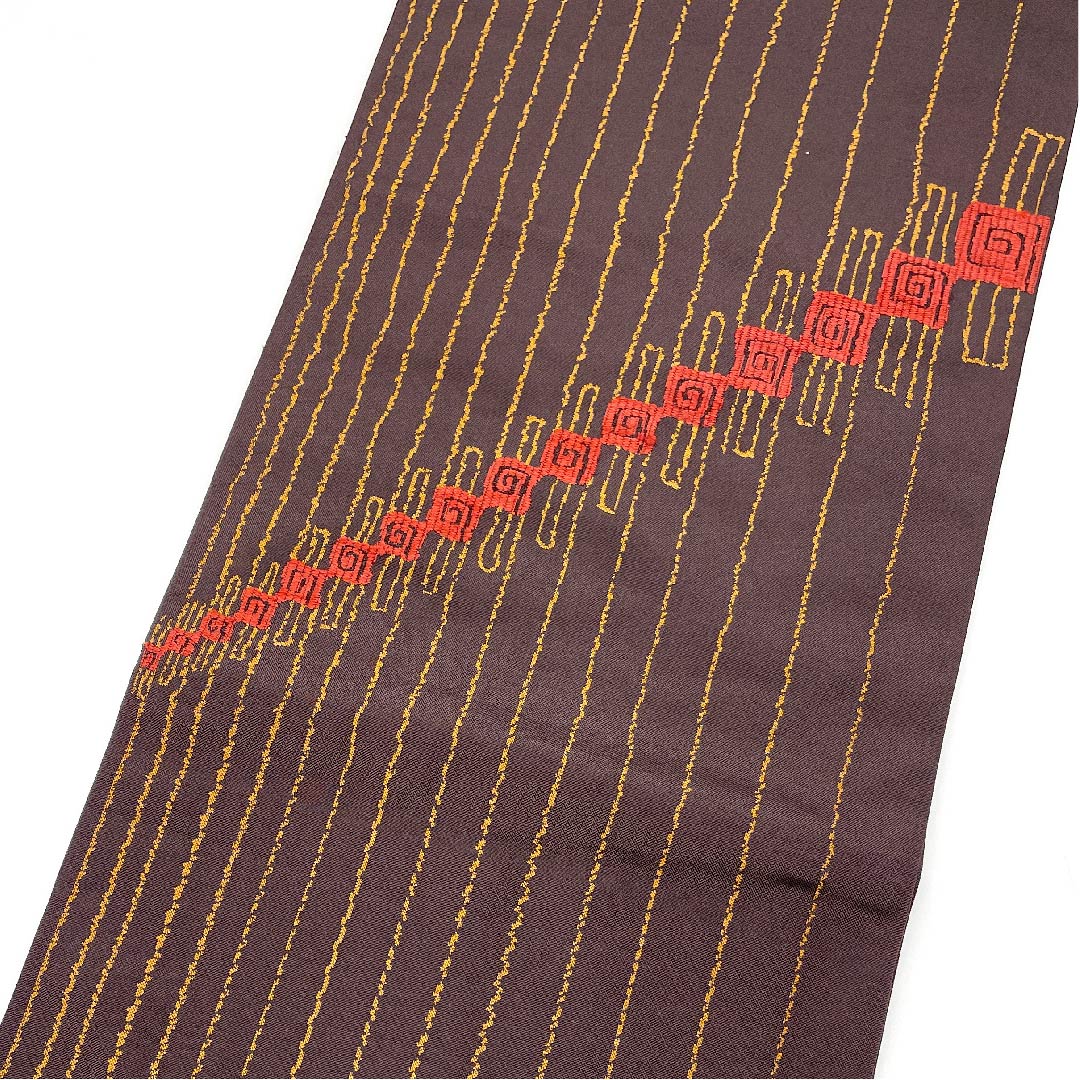 袋帯 阿仙茶色（あせんちゃいろ） 抽象模様 帯丈420cm 正絹 Aランク ポイント柄 カジュアル 茶系 1123005963314