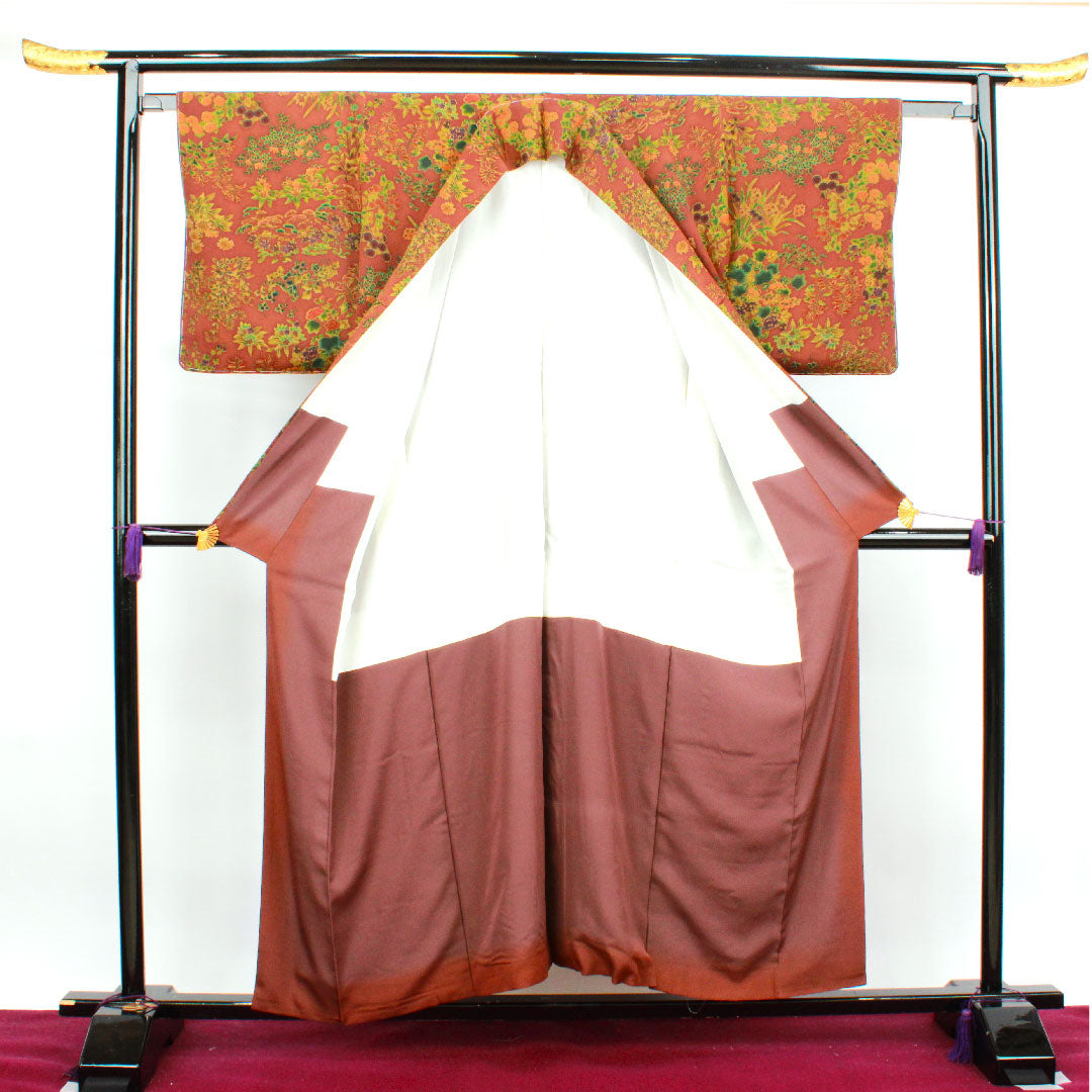 小紋 身丈154.5cm 裄丈61.5cm 袷  錆色 しつけ糸付き 草花模様  正絹 Aランク 茶系 1115003203214