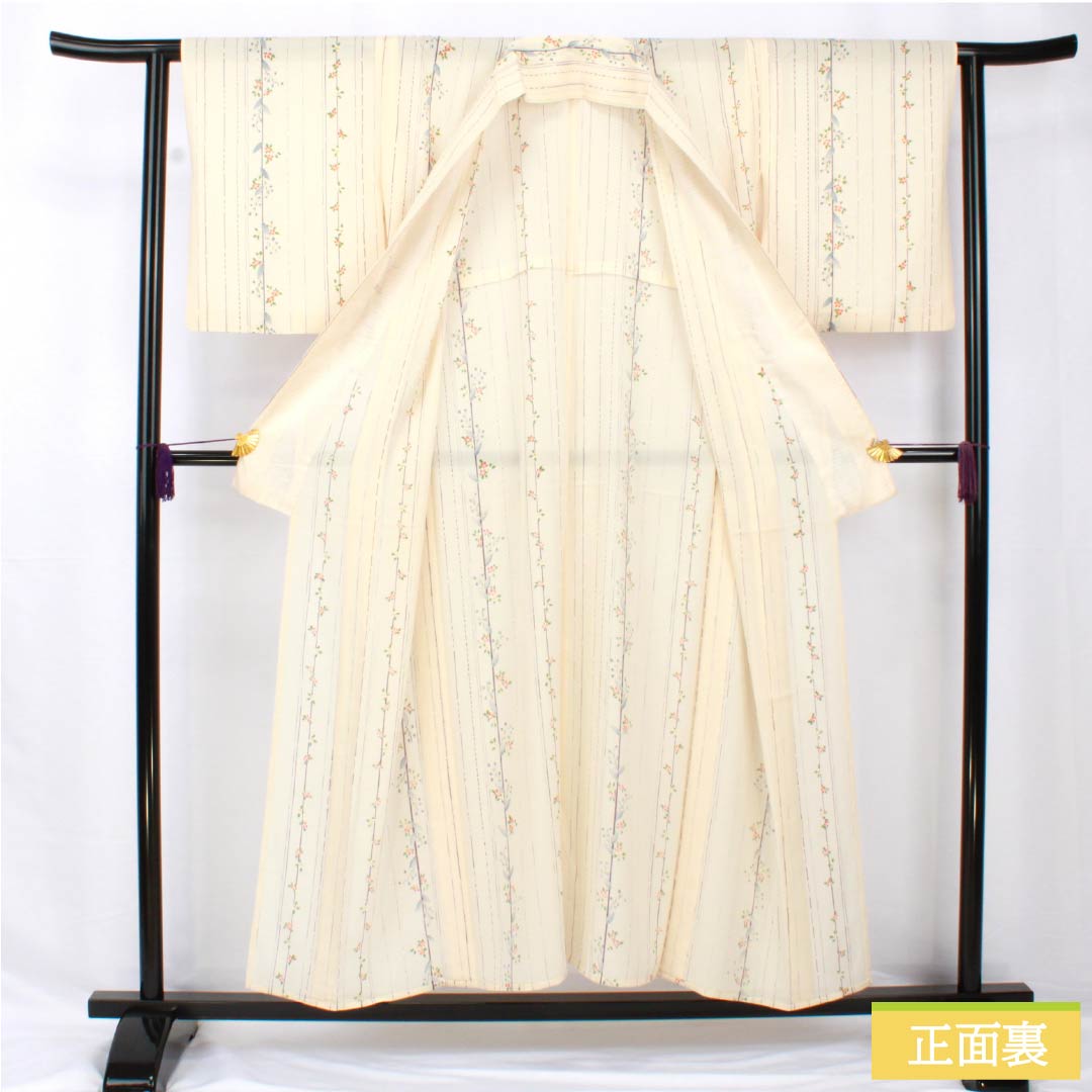 夏物 正絹 小紋 身丈153cm 裄丈62cm 生成り色（きなりいろ） 京友禅 縞 小花 絽 Aランク クリーム系 1132002053215