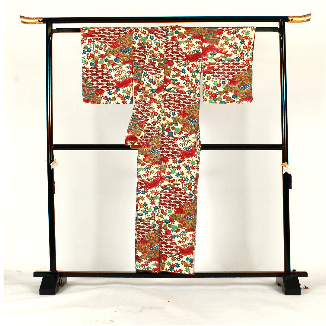 小紋 身丈156cm 裄丈64cm 袷  型染 松竹梅 吉祥文様  正絹 Sランク クリーム系 1115001722315