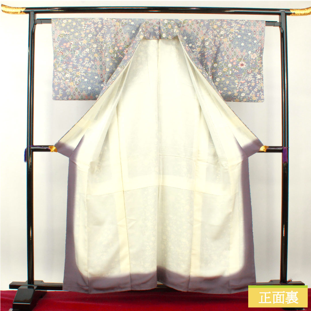 Komon, pure silk, length 159.5cm, sleeve length 62.5cm, lined, tsuruba nezumiiro (crane gray), pongee fabric, floral pattern, basting thread included, unused, S rank, purple, 1115004262320