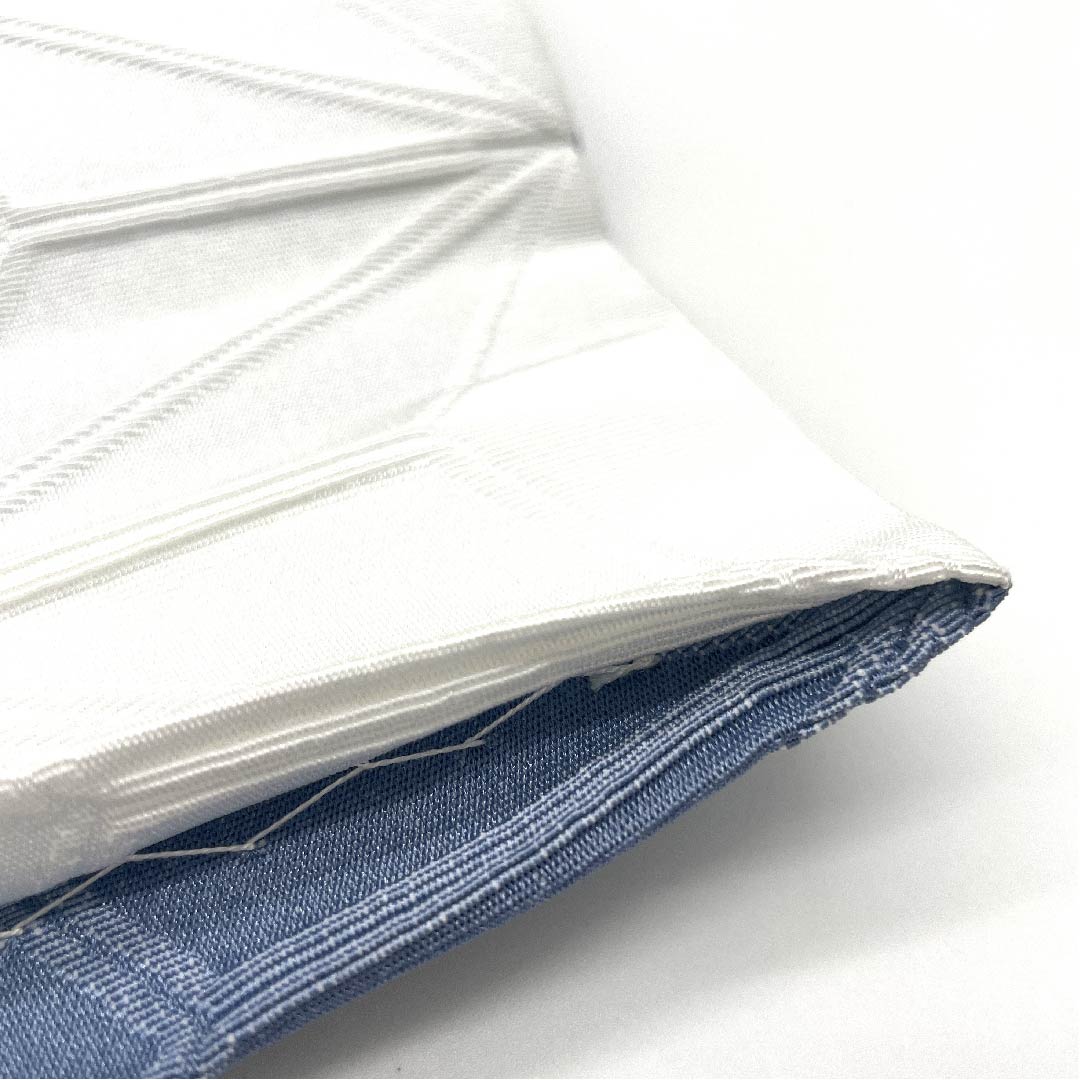 半幅帯 ポリエステル 鉛白色（えんぱくいろ） 青袋鼠色（せいたいねずいろ） 麻の葉 古典柄 リバーシブル 帯丈388cm 白系 Aランク 1125001203311