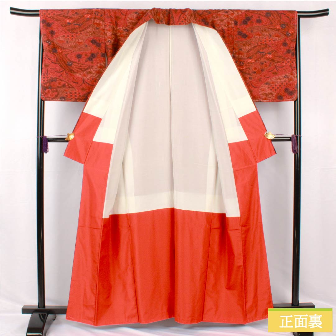 小紋 正絹 身丈161cm 裄丈67cm 袷 濃紅葉色（こいもみじいろ） 辻ヶ花 しつけ糸付き Sランク 朱系 1115005302416