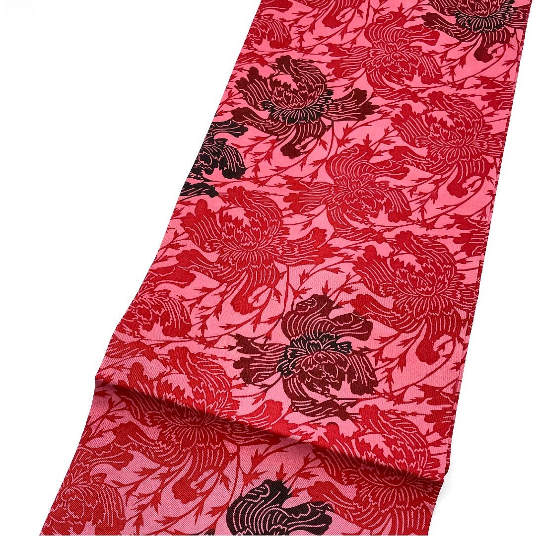 名古屋帯 中紅花色 草花模様 染帯 帯丈358cm 正絹 Aランク 六通 カジュアル 赤系 1124003493312  名古屋仕立て