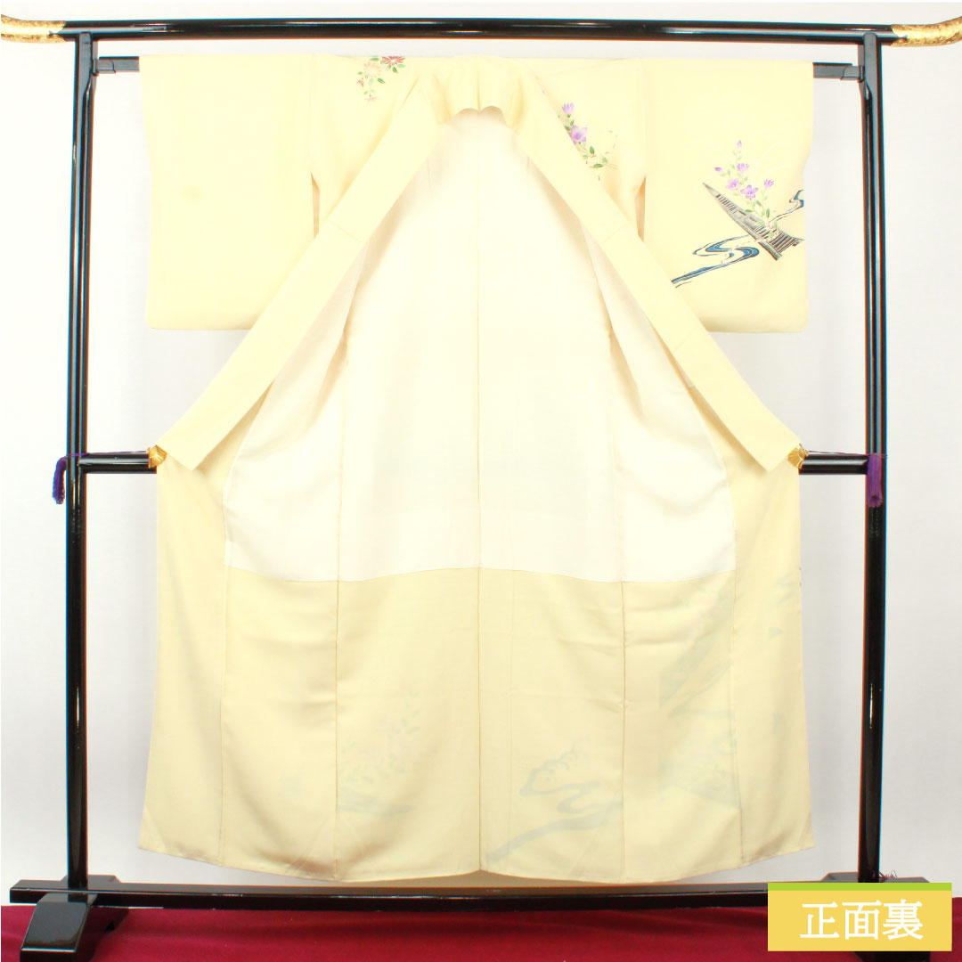 Homongi, pure silk, lined, length 156cm, sleeve length 61.5cm, light egg color, Kyo-Yuzen, A rank, cream color, 1112004563315