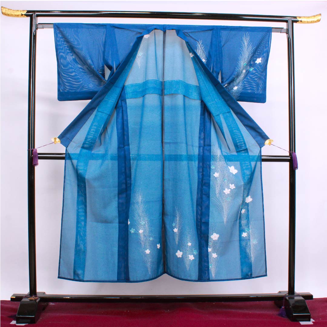 Summer polyester formal kimono, length 148.5cm, sleeve length 62.5cm, indigo blue, floral pattern, silk, S rank, navy blue, 1132000322118