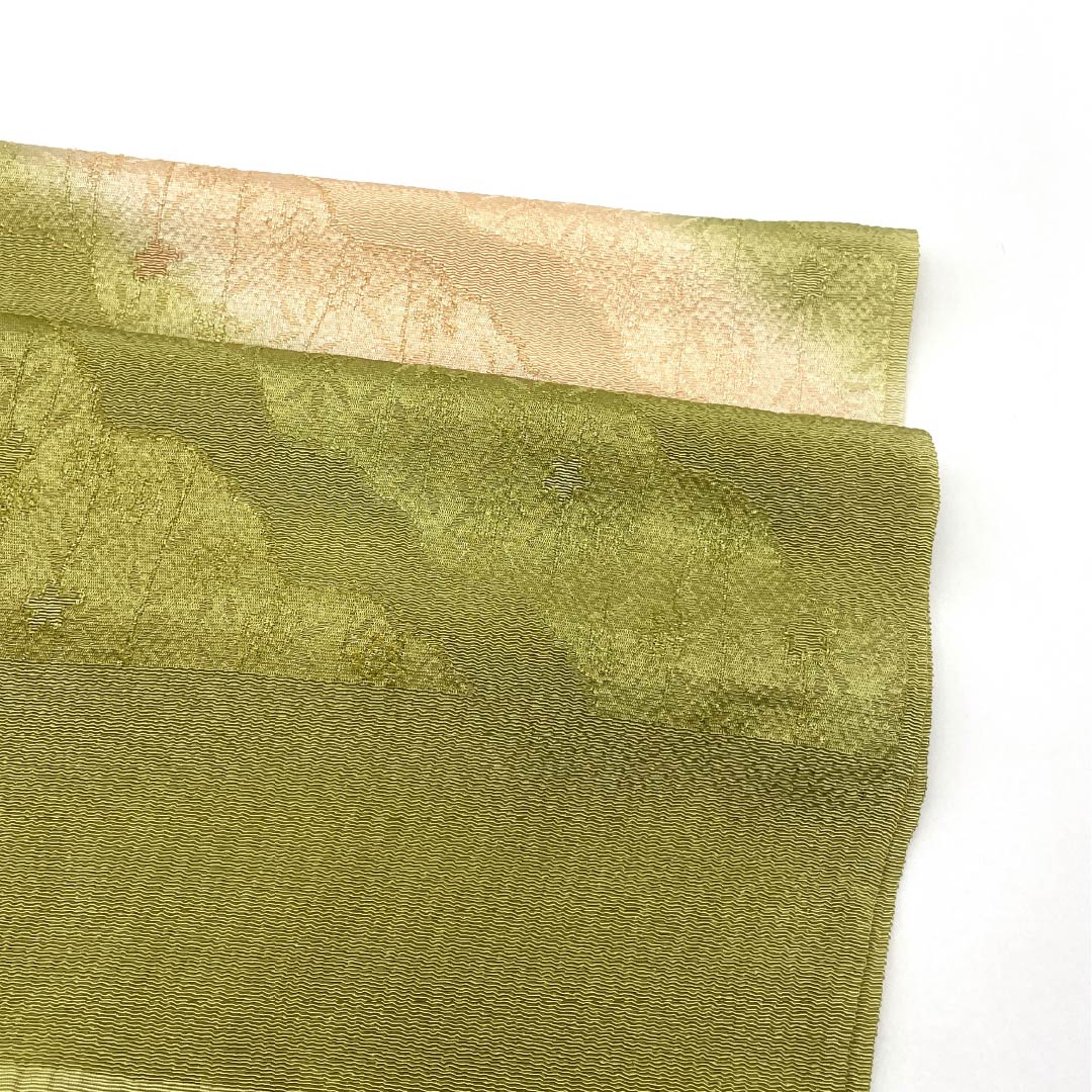 Obiage silk S-rank semi-formal light greenish-brown, faint stripes, floral, chirimen, length approx. 178cm, width approx. 29cm, green family, 1136004242919