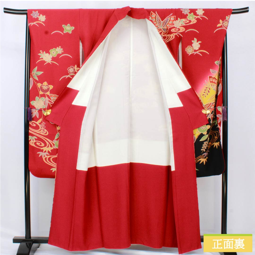 振袖 正絹 Aランク 身丈158.5cm 裄丈67cm 袷 紅赤色（べにあかいろ） 京紅型 吉祥文様 蝶 菖蒲 橘 赤系 1113002283312