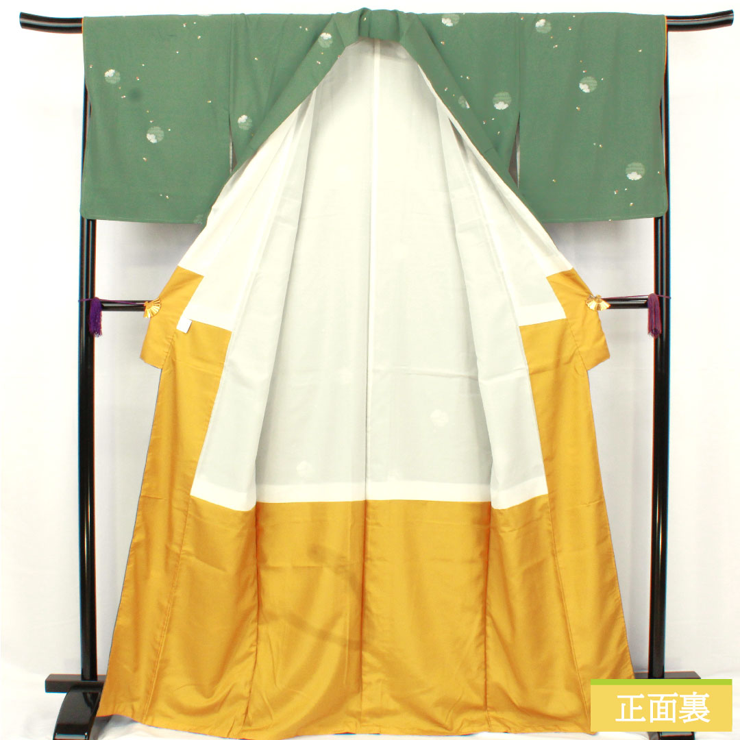 小紋 ポリエステル 身丈166.5cm 裄丈67cm 袷 千種色（ちぐさいろ） 洗える着物 雪輪 花びら散らし しつけ糸付き Sランク 緑系 1115004832519