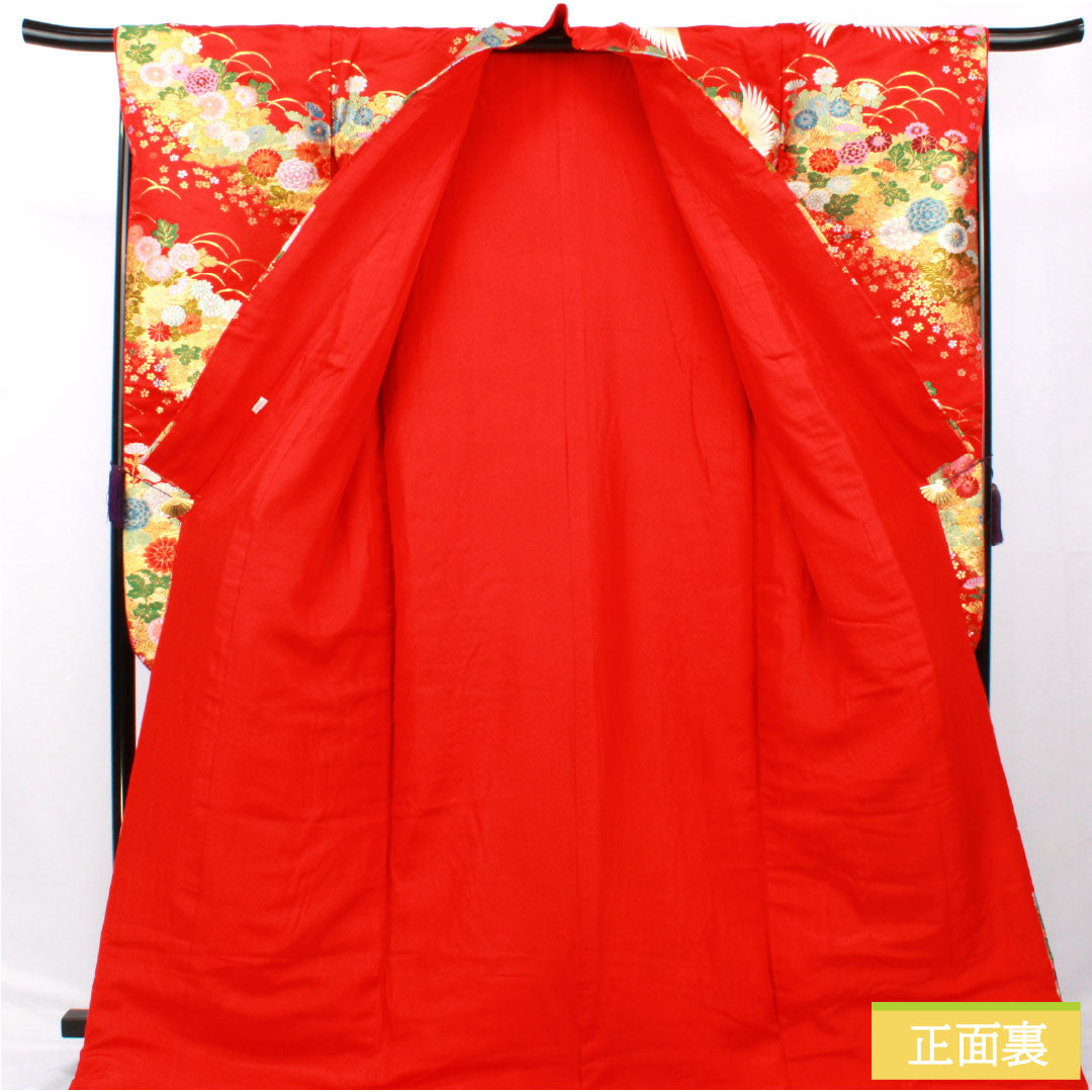 色打掛 正絹 Aランク 身丈194cm 裄丈67cm 唐織 鶴 菊 桜 袷 赤系 1110000953912
