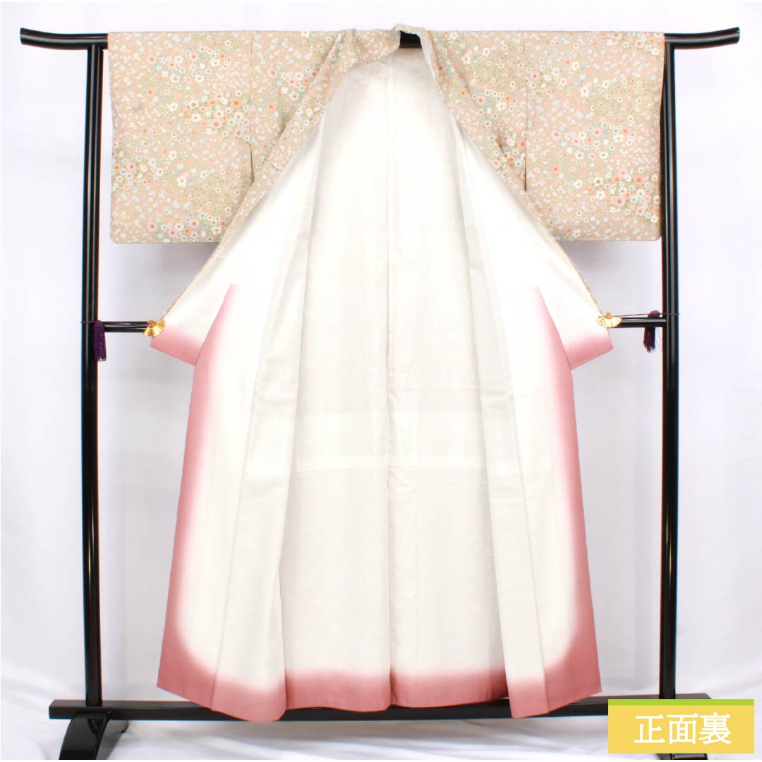 Komon (small pattern) polyester kimono, S rank, length 154cm, sleeve length 63cm, lined, Kouiro (scented color) stencil dyed floral pattern, washable, beige, 1115006532225