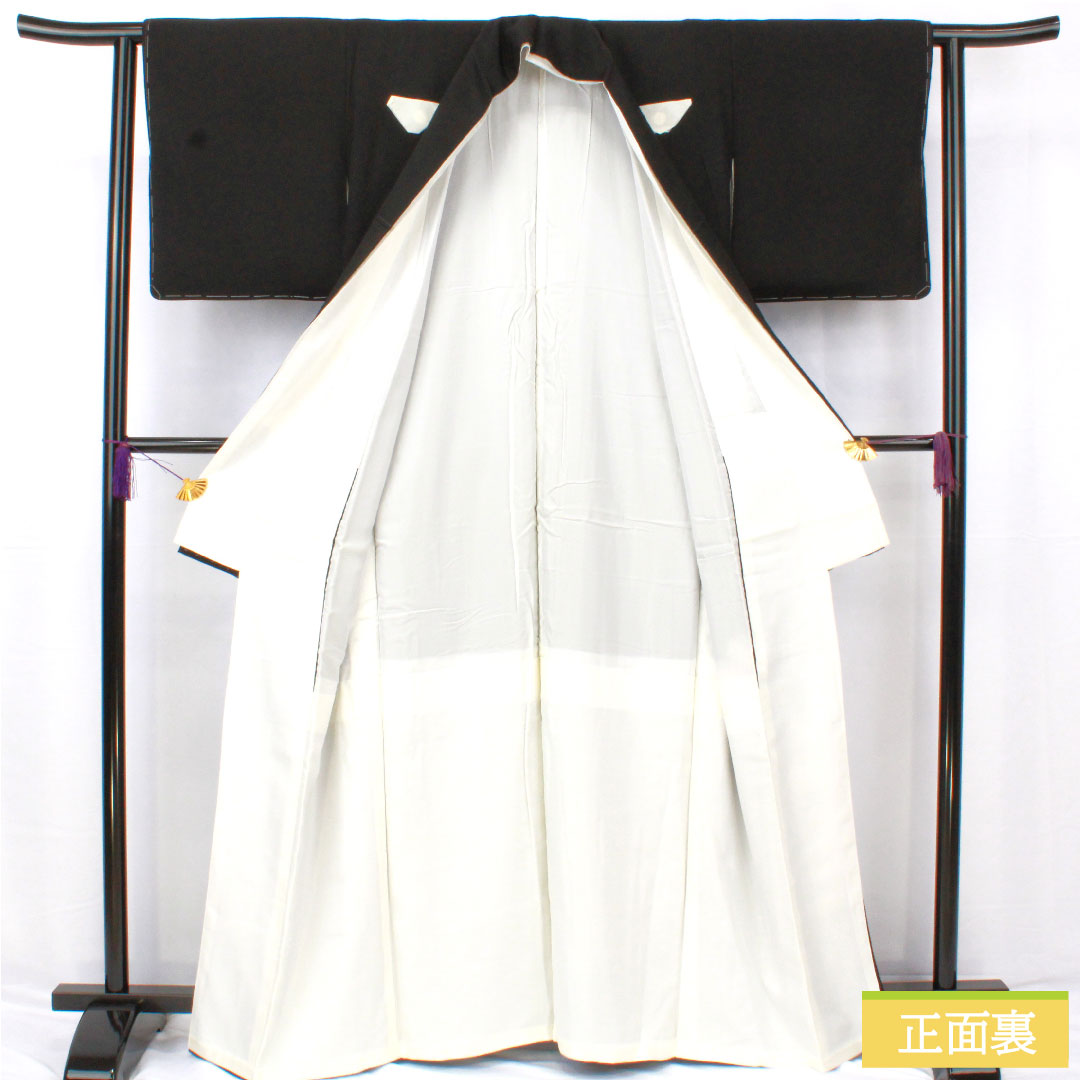 Black formal kimono, pure silk, length 162.5cm, sleeve length 62cm, lined, Kyoto yuzen, landscape pattern, five crests, sword and katabami, with basting thread, unused, S rank, black, 1111001572410