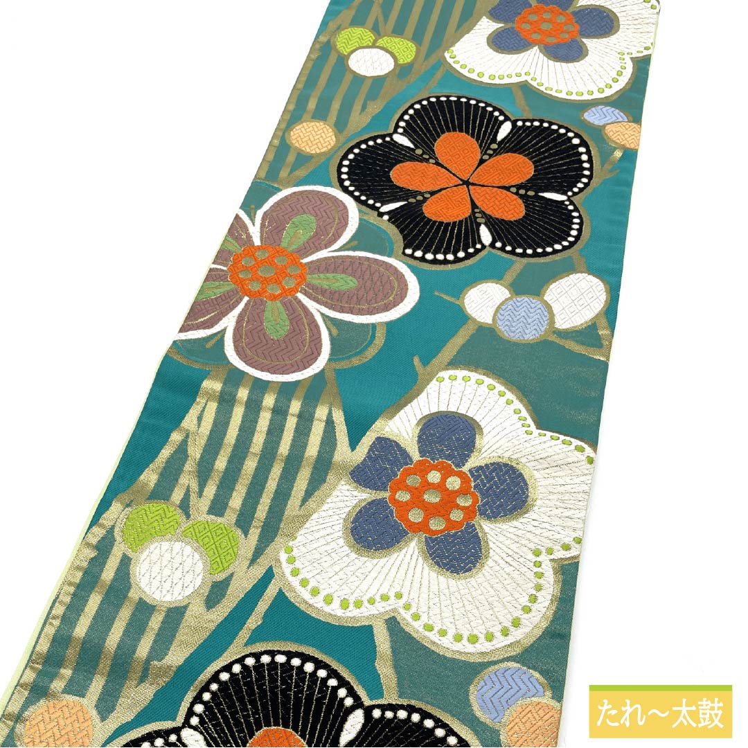Fukuro Obi (Japanese traditional kimono sash) made of pure silk, emerald green, for long-sleeved kimono, plum blossom, obi length 432cm, A rank, six-way, formal, blue, 1123013713317