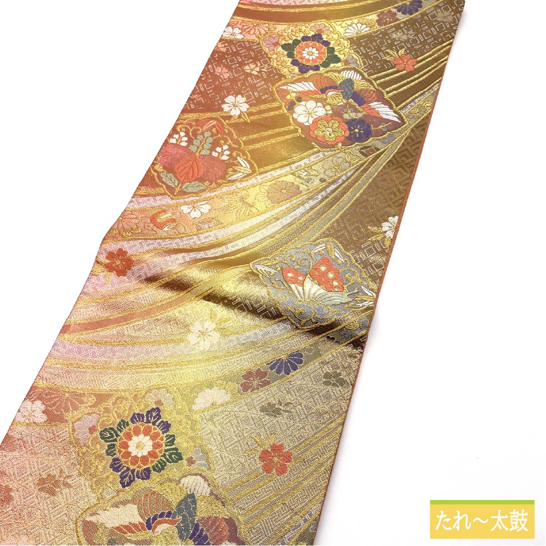 袋帯 正絹 Sランク 佐賀錦 振袖用 古典柄 鳳凰 五三の桐 帯丈432cm 六通 フォーマル 金系 1123015942321