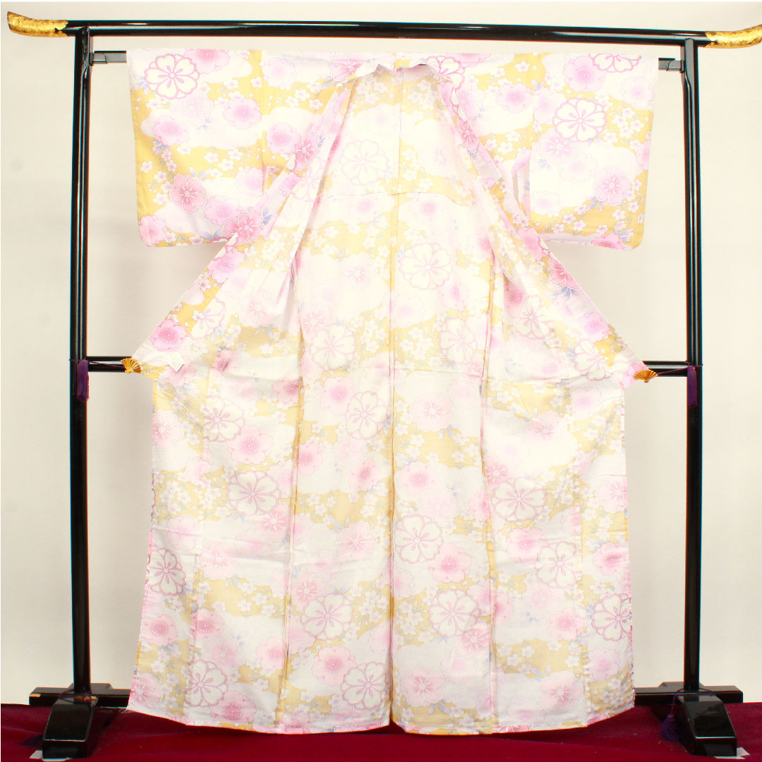 浴衣 桜 雲取り 木綿 Sランク 単衣 身丈166.5cm 裄丈65cm グラデーション系 1118002772599