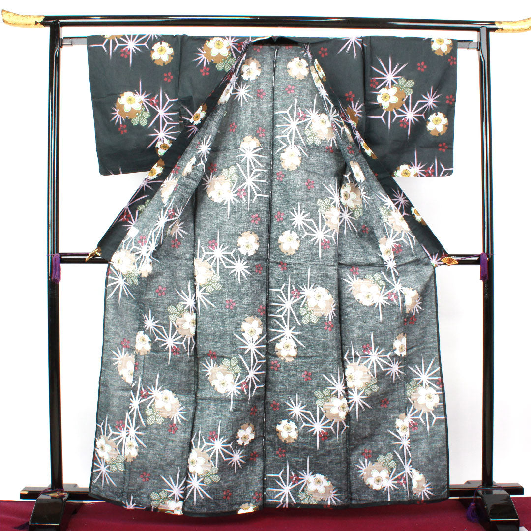 浴衣 雪輪 桜 麻の葉 木綿 Sランク 単衣 身丈164.5cm 裄丈64cm 黒系 1118002212410
