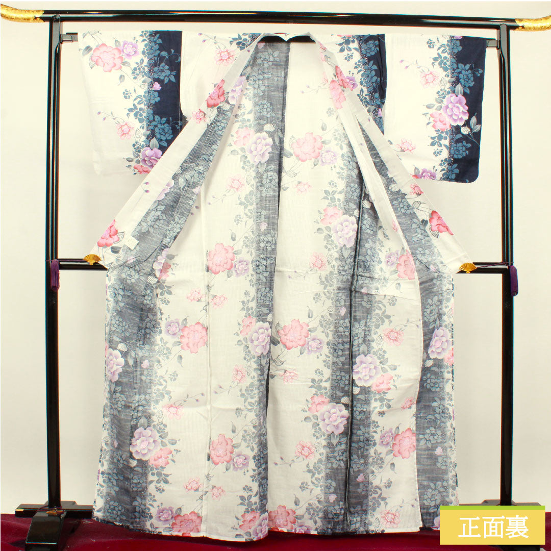 浴衣 木綿 身丈166cm 裄丈67cm Sランク 単衣 白系 竪絽（たてろ） 芍薬 1118004752511