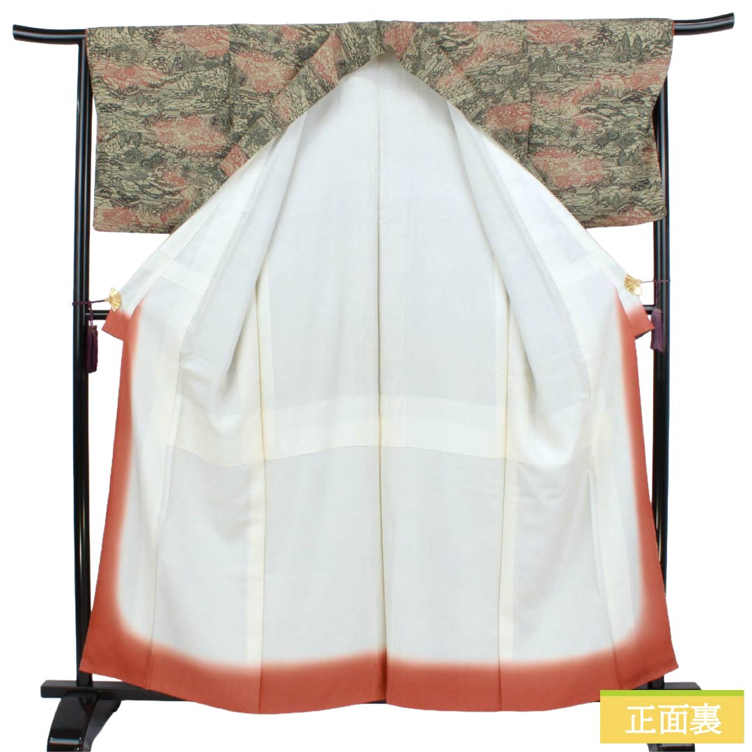 小紋 正絹 Sランク 身丈159.5cm 裄丈67cm 袷 蠟色（ろういろ） 型染 風景画 ベージュ系 1115008312325