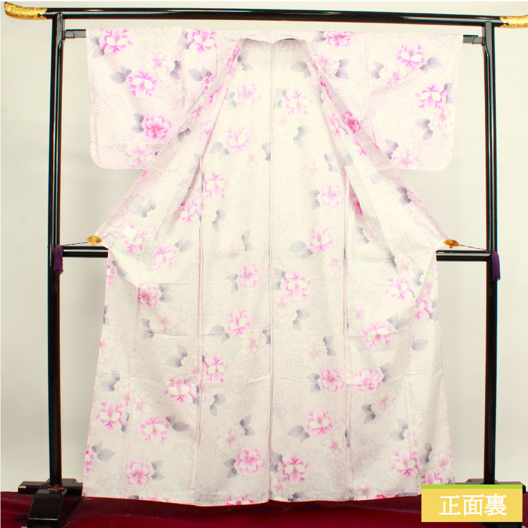 浴衣 木綿 身丈163cm 裄丈64.5cm Sランク 単衣 ピンク系 桜色（さくらいろ） 桜 菊 1118004542413