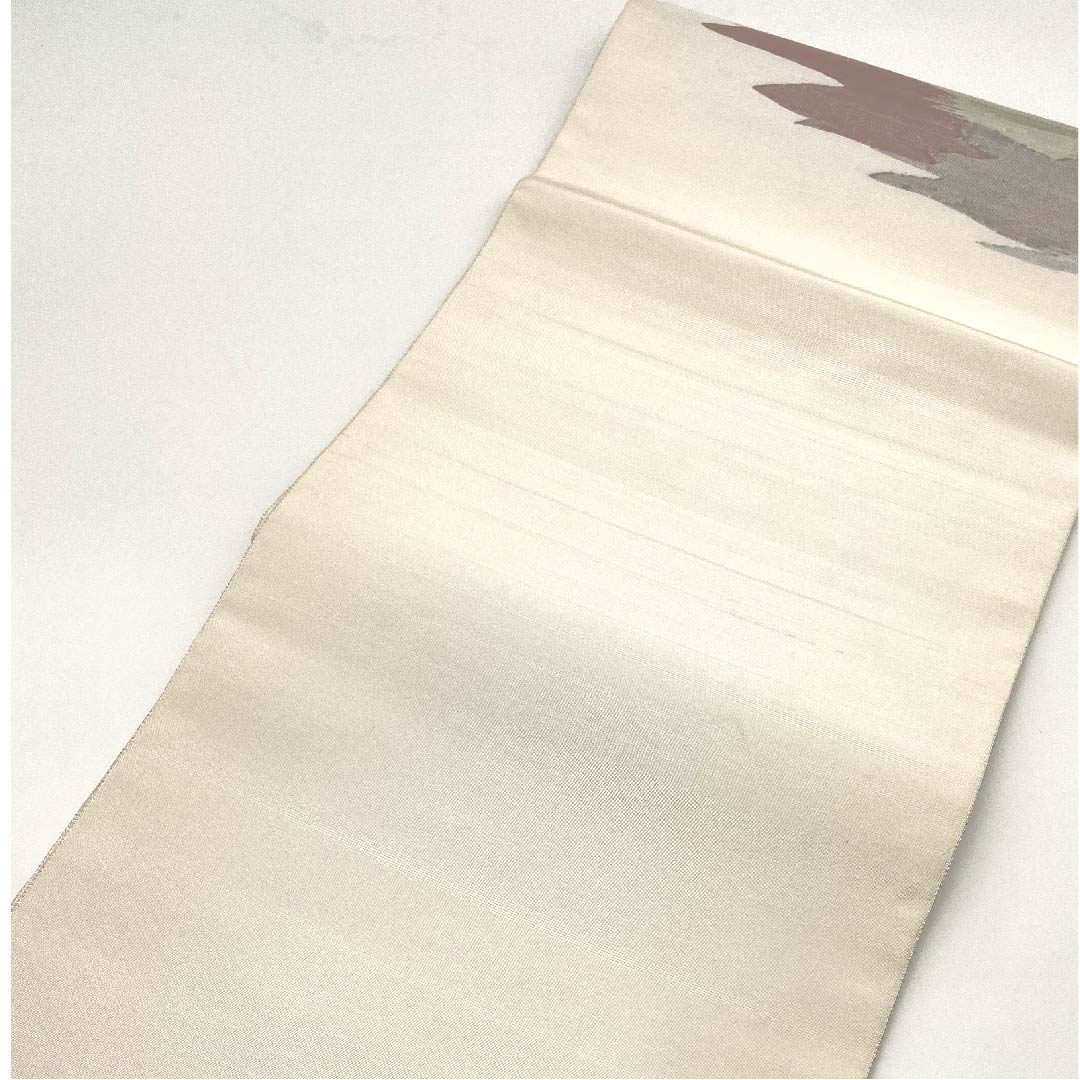 袋帯 胡粉色（ごふんいろ） 抽象模様 すくい技法 帯丈442cm 正絹 Sランク ポイント柄 カジュアル 白系 1123003002311