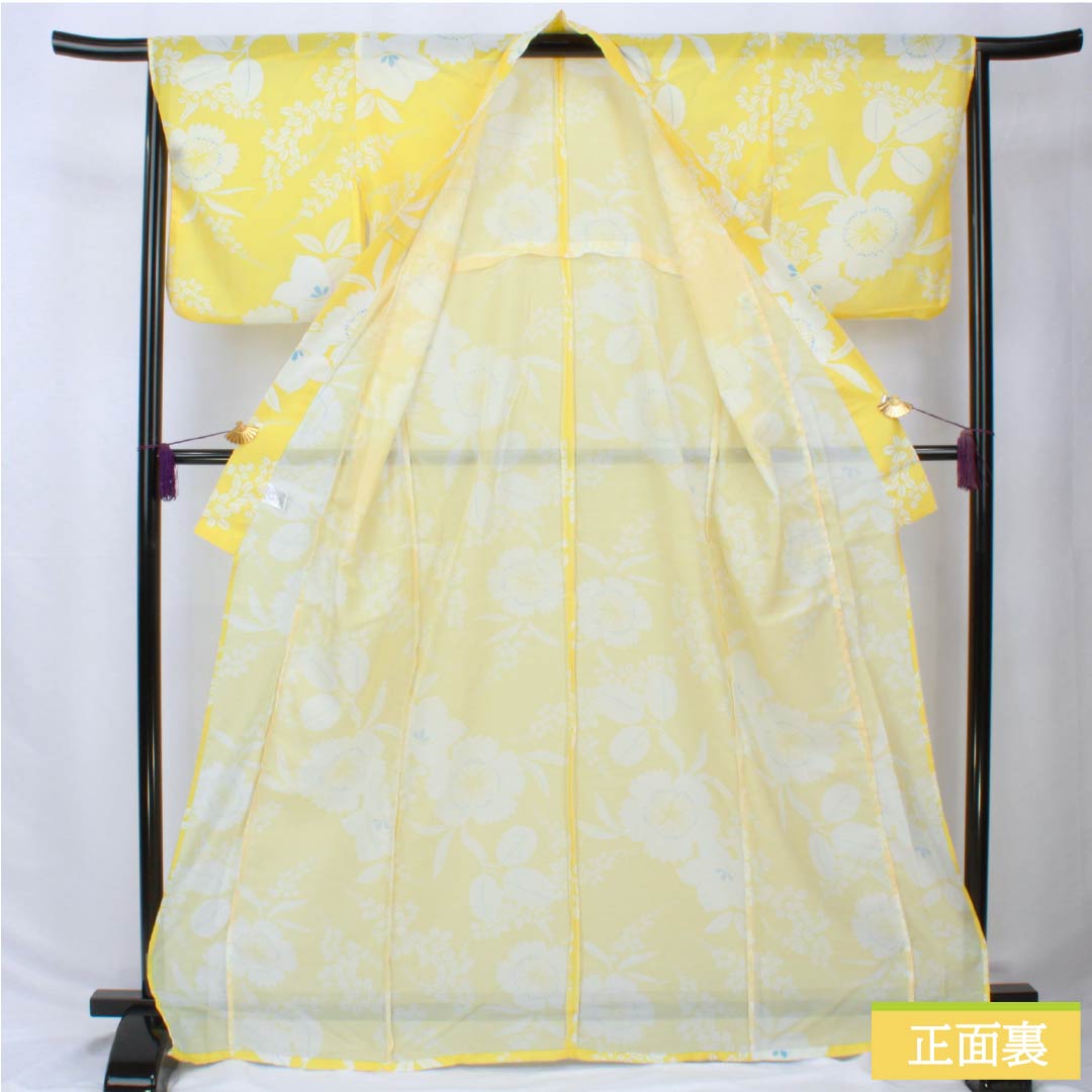 （新品未使用品） 浴衣 ポリエステル 身丈167.5cm 裄丈65cm NEWランク 単衣 黄系 黄色 花柄 桔梗 萩 1118005741523