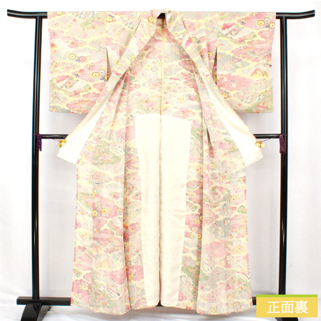 Komon silk, A-rank, length 156cm, sleeve length 58cm, single layer, pale yellow (usukihadairo), Kyoto Bingata, Chaya-Tsuji, cloud pattern, auspicious motif, cream-colored, product number 1115007593315