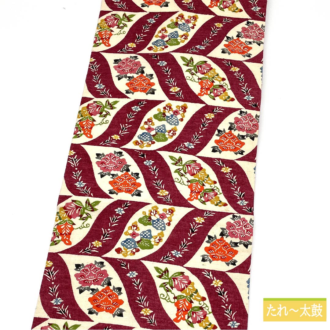 名古屋帯 正絹 深緋色（ふかきあけいろ） 花柄 帯丈355cm Sランク 六通 カジュアル 赤系 1124006362312 名古屋仕立て
