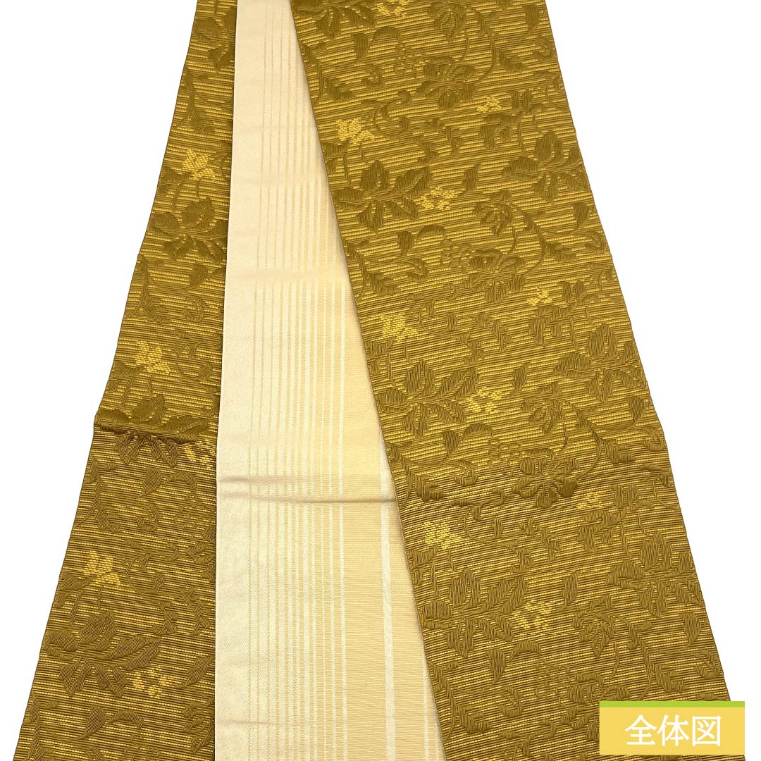 (New) Half-width obi, polyester, NEW rank, ochre, kaya-iro (reedy brown), karahana pattern, stripes, reversible, obi length 400cm, brown tones, 1125002751414