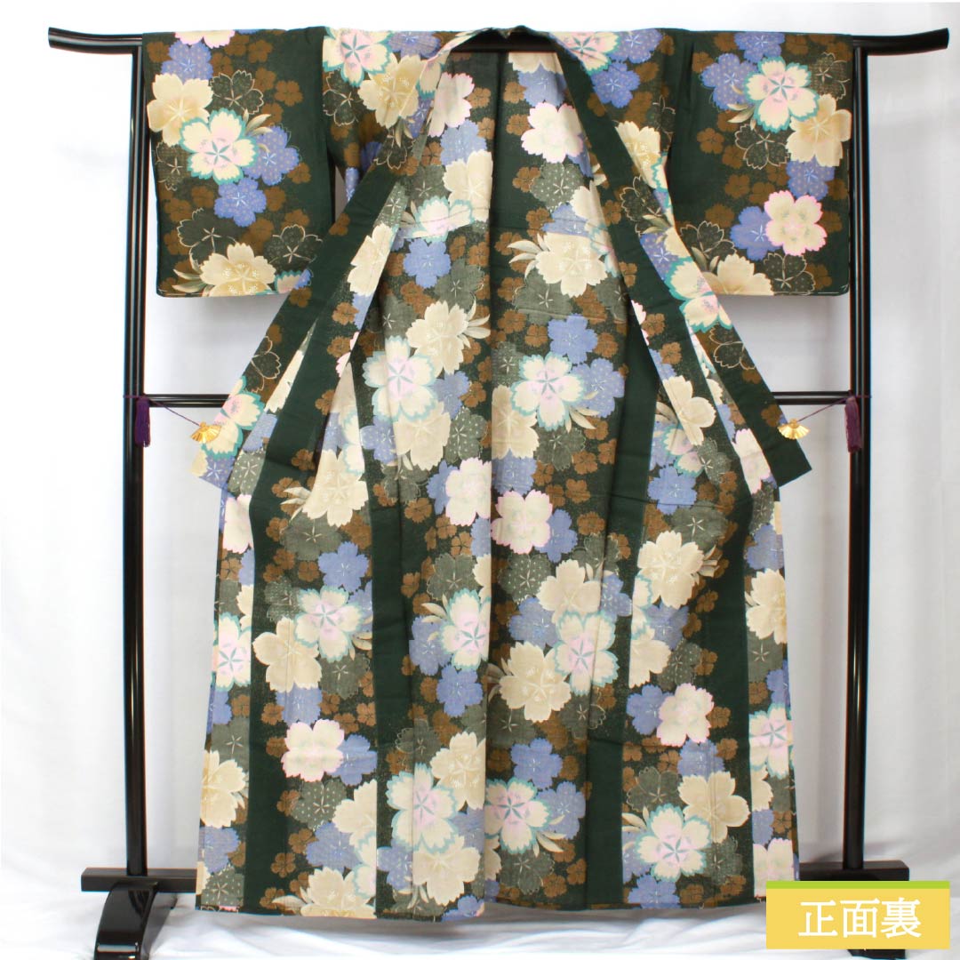 浴衣 木綿 身丈162.5cm 裄丈67cm Sランク 単衣 緑系 暗緑色（あんりょくしょく） 桜 1118006002419