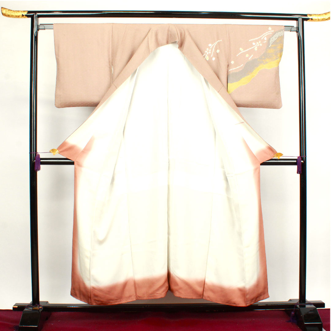 Homongi, lined, length 151.5cm, sleeve length 63cm, plum gray, tie-dye, abstract pattern, pure silk, A rank, brown, 1112002623214