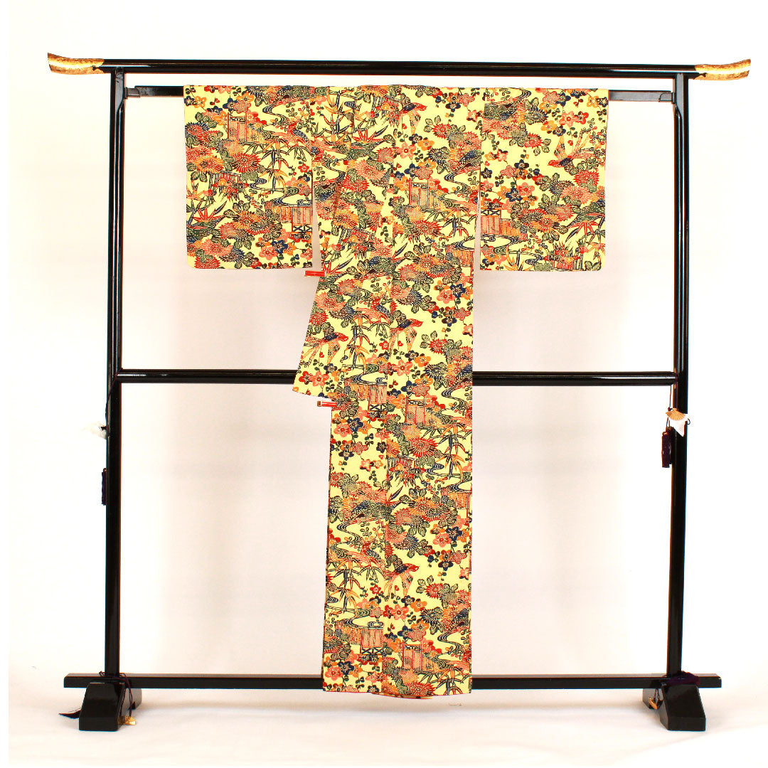 小紋 身丈158cm 裄丈65cm 袷  型染 紬地  正絹 Sランク 黄系 1115000502323