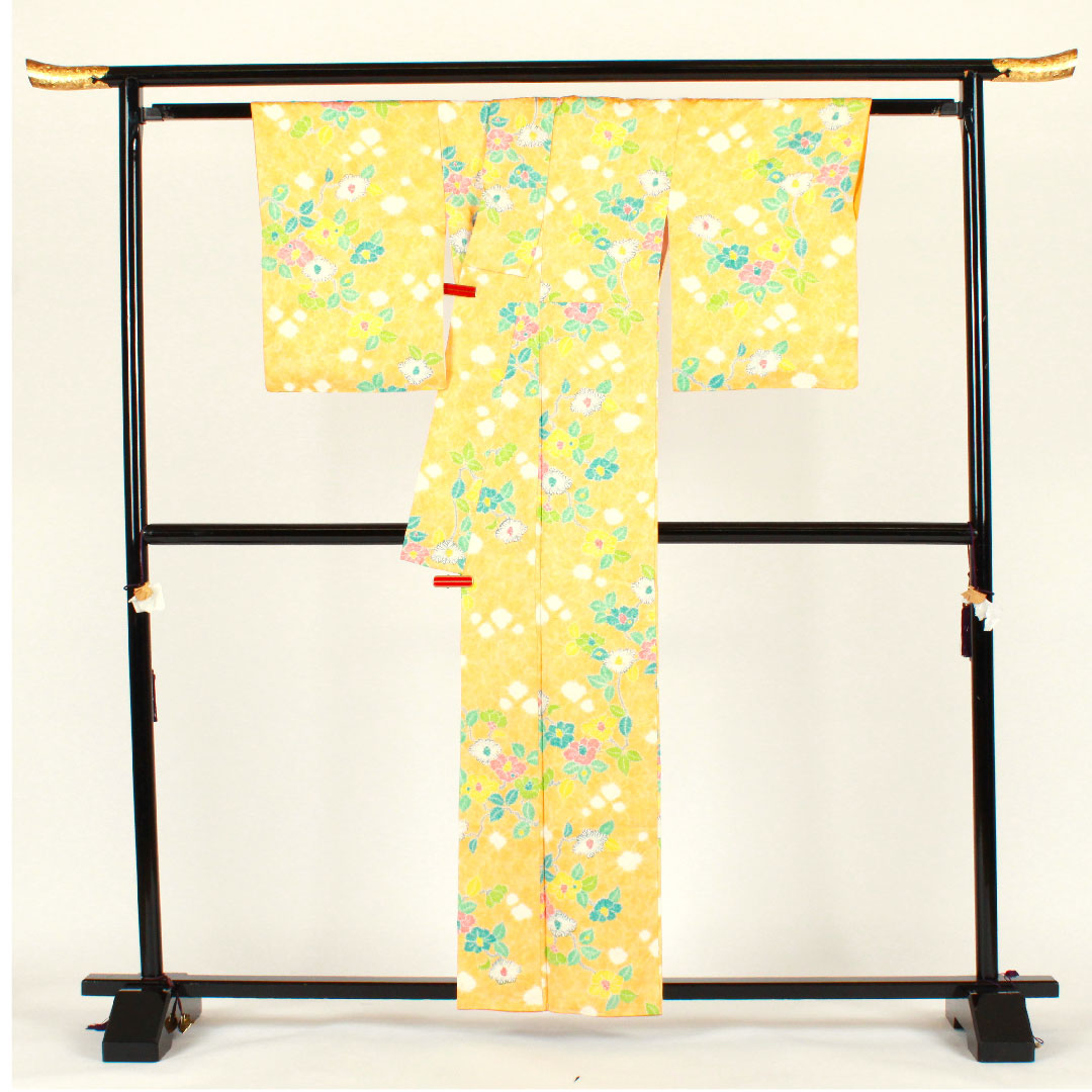 小紋 身丈159cm 裄丈63cm 袷  絞り 草花模様  正絹 Bランク 黄系 1115001924323