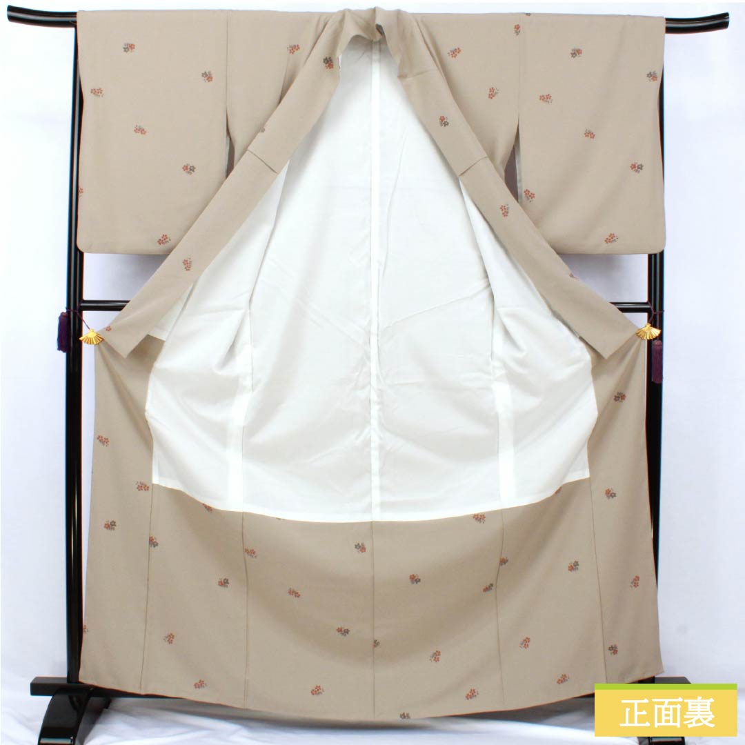 訪問着 ポリエステル Aランク 袷 身丈165.5cm 裄丈66.5cm 銀煤竹色（ぎんすすたけいろ） 花 鈴 洗える着物 ベージュ系 1112007373525