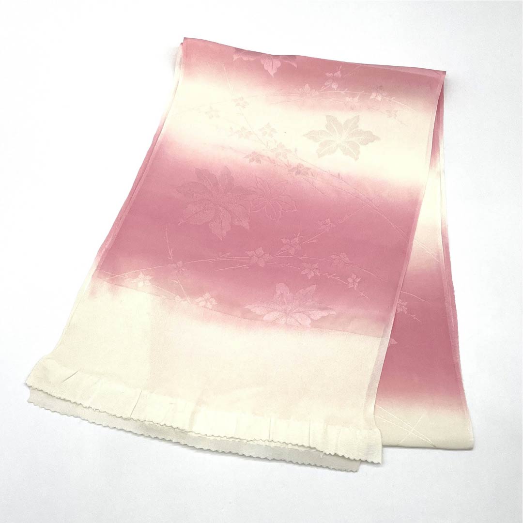 帯揚げ 正絹 Aランク セミフォーマル 乳白色（にゅうはくしょく） 桃紅色（とうこうしょく） グラデーション 草花 長さ約169cm 幅約27.5cm グラデーション系 1136003083999