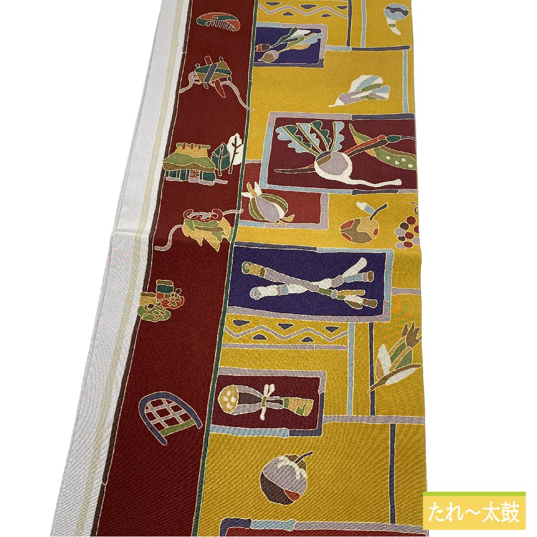 名古屋帯 正絹 錫色（すずいろ） 野菜柄 長尺 農機具 帯丈384cm Sランク 全通 カジュアル グレー系 1124006282422 開き仕立て