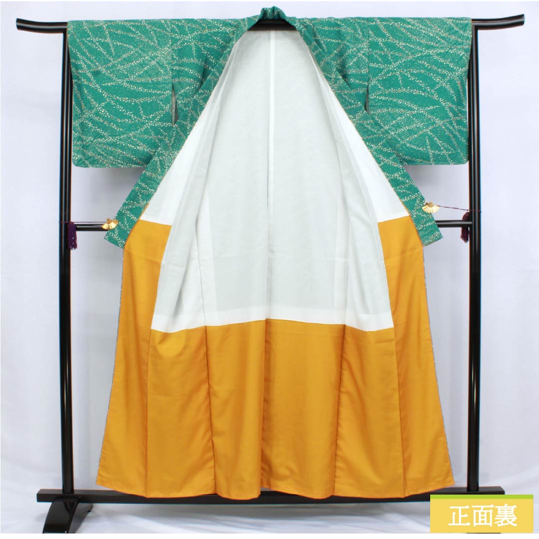 小紋 ポリエステル 身丈156cm 裄丈64cm 袷 中藍色（なかのあいいろ） ドット柄 洗える着物 しつけ糸付き Sランク 緑系 1115006222319