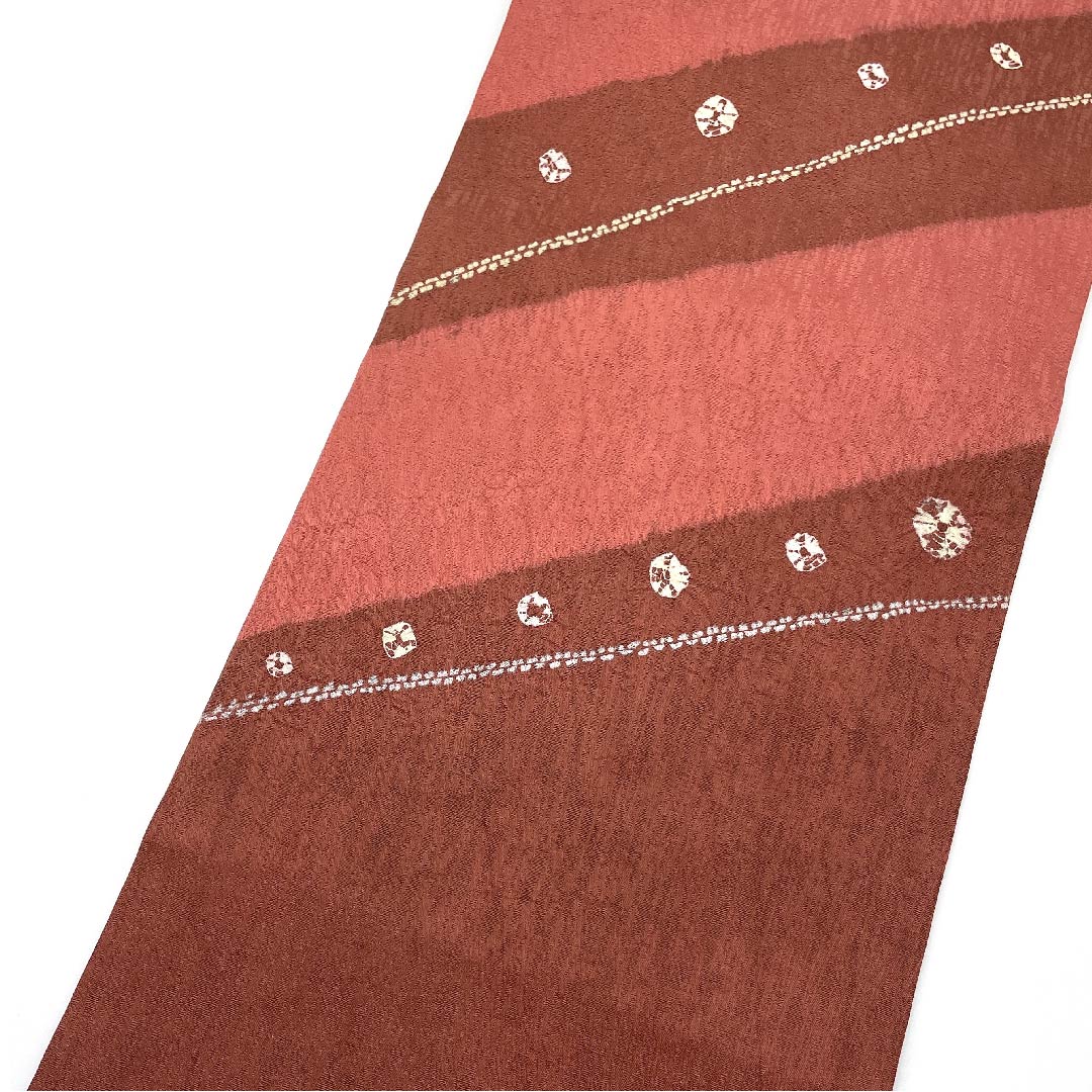 名古屋帯 栗梅色 長春色 絞り 帯丈376cm 正絹 Sランク ポイント柄 カジュアル 茶系 1124003802314  名古屋仕立て