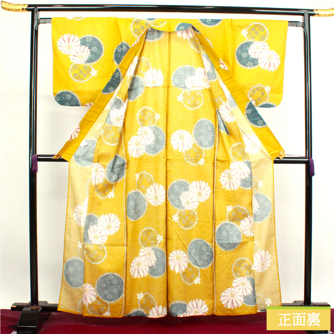 Yukata Cotton Length 161.5cm Sleeve length 65cm S rank Single layer Yellow Hajiiro Gerbera Cherry Blossom Pink 1118004492423