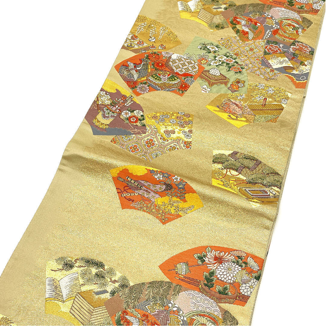 袋帯 吉祥文様 帯丈424cm 正絹 Sランク 六通 フォーマル 金系 1123002682321