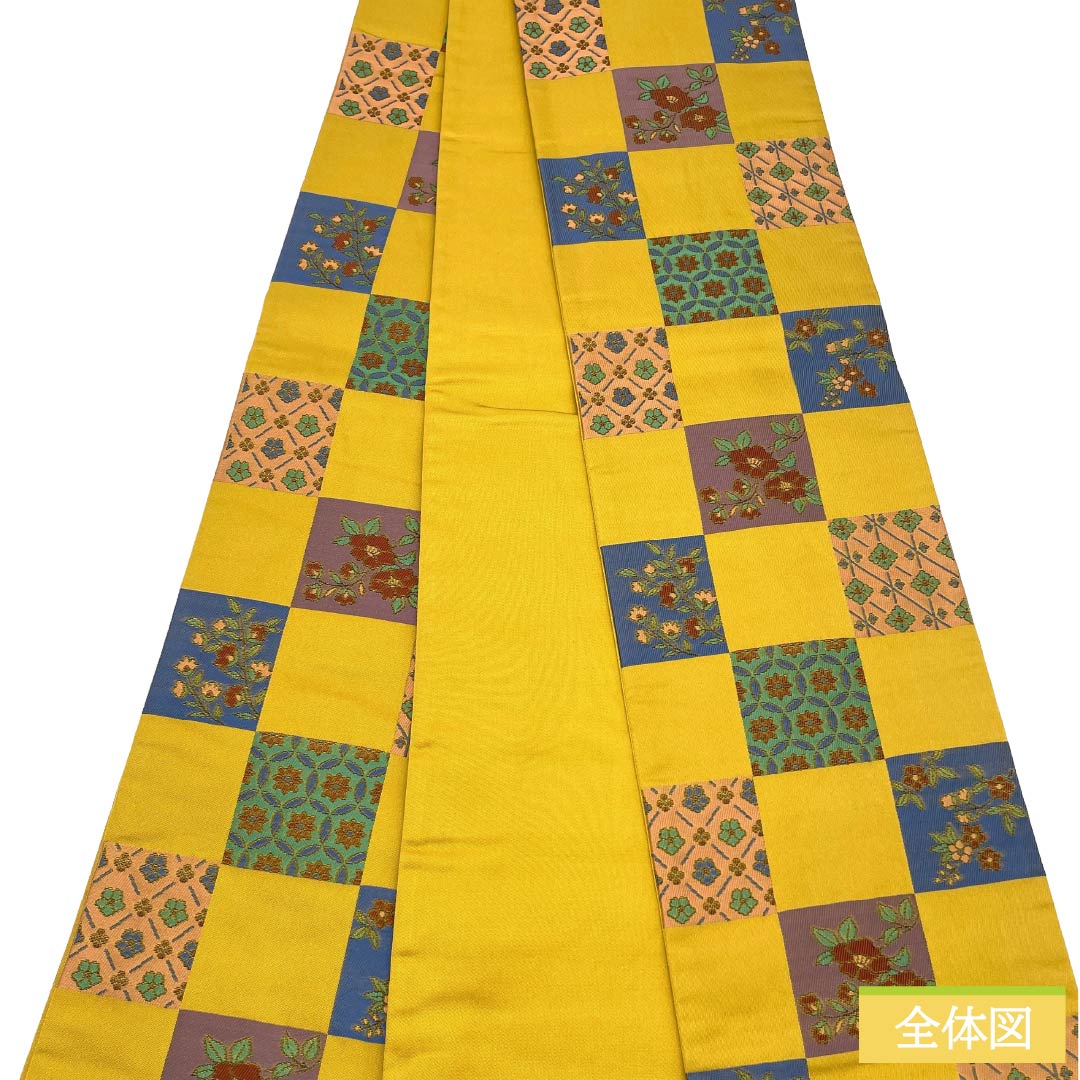 半幅帯 ポリエステル Aランク 黄金色（こがねいろ） 古典柄 市松 花柄 七宝 帯丈389cm 黄系 1125003143323