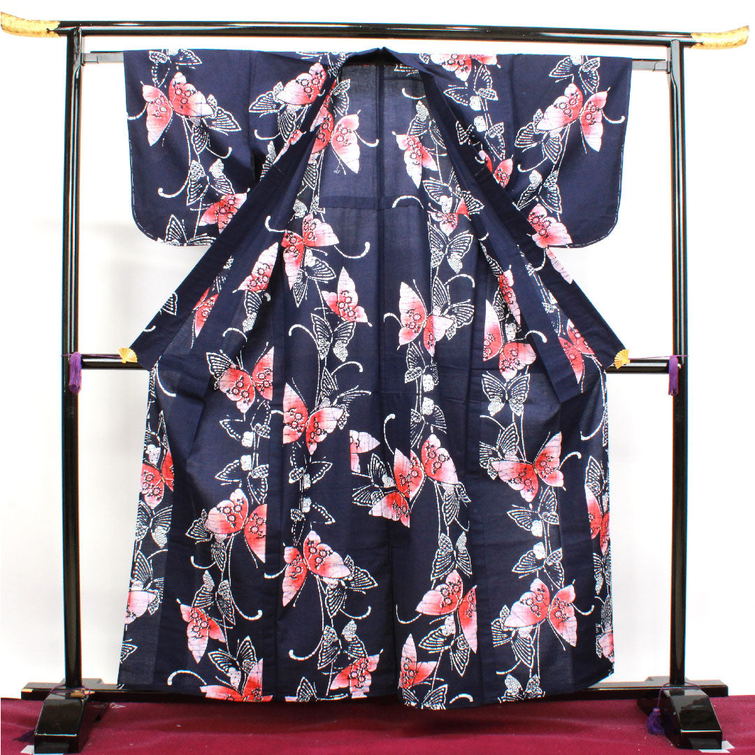 Yukata with basting thread, unused, dark navy blue, butterfly, cotton, S rank, single layer, length 160cm, sleeve length 62cm, navy blue, 1118002922418