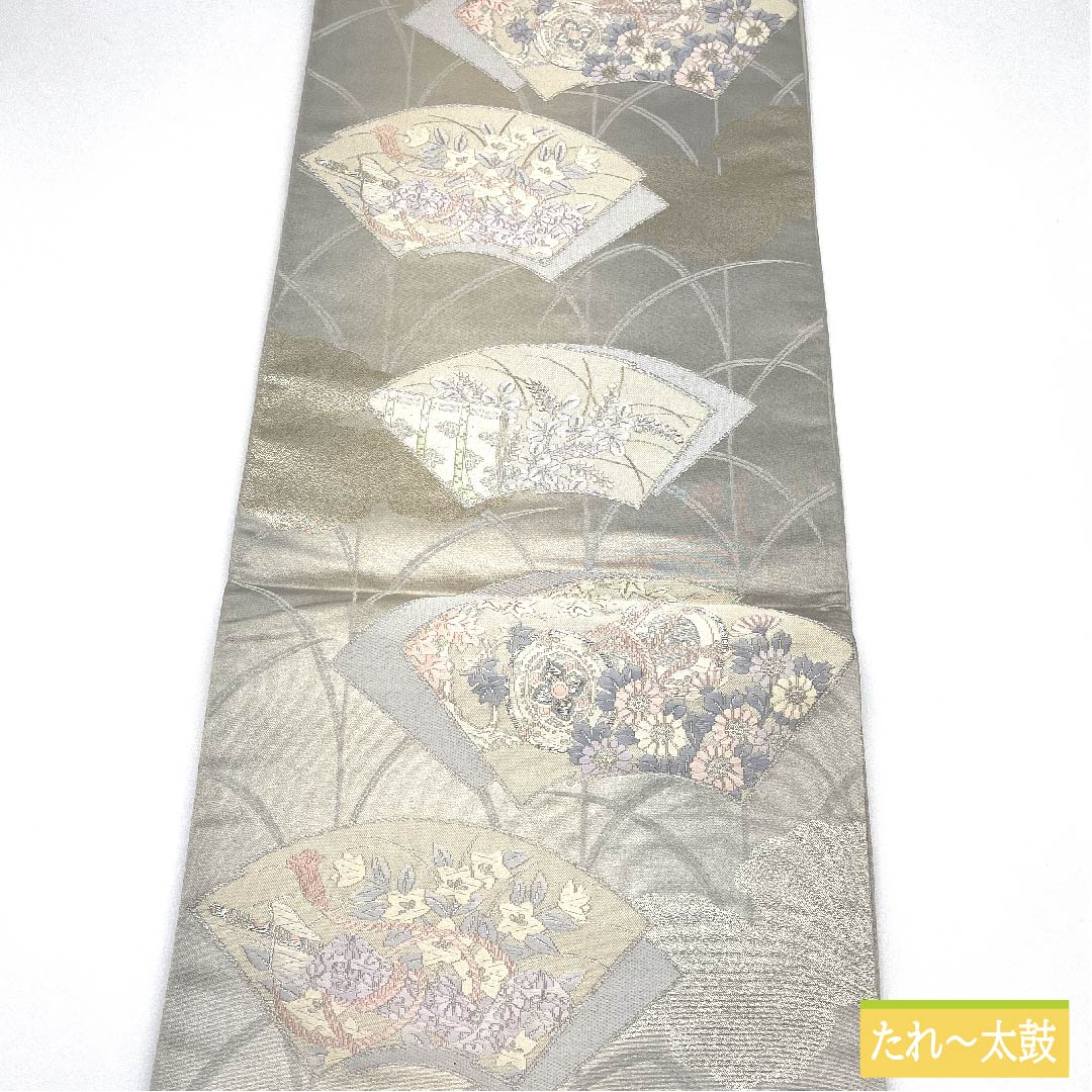 袋帯 正絹 薄鼠色（うすねずいろ） 扇面 桔梗 鼓 紅葉 帯丈428cm Aランク 六通 フォーマル グレー系 1123011823322