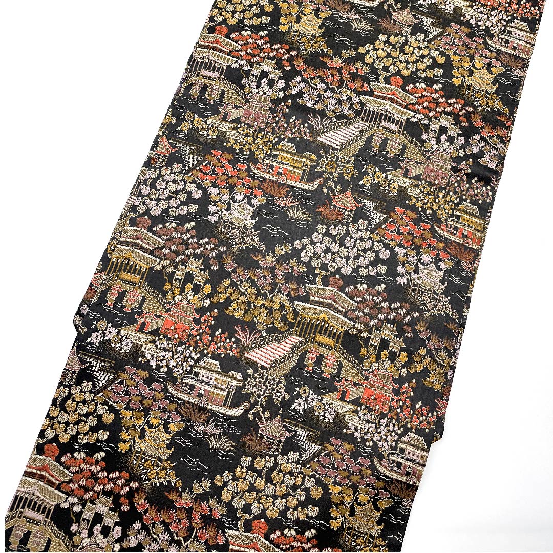 名古屋帯 黒色 寺院 花模様 帯丈339cm 正絹 Sランク 全通 カジュアル 黒系 1124003792310  名古屋仕立て