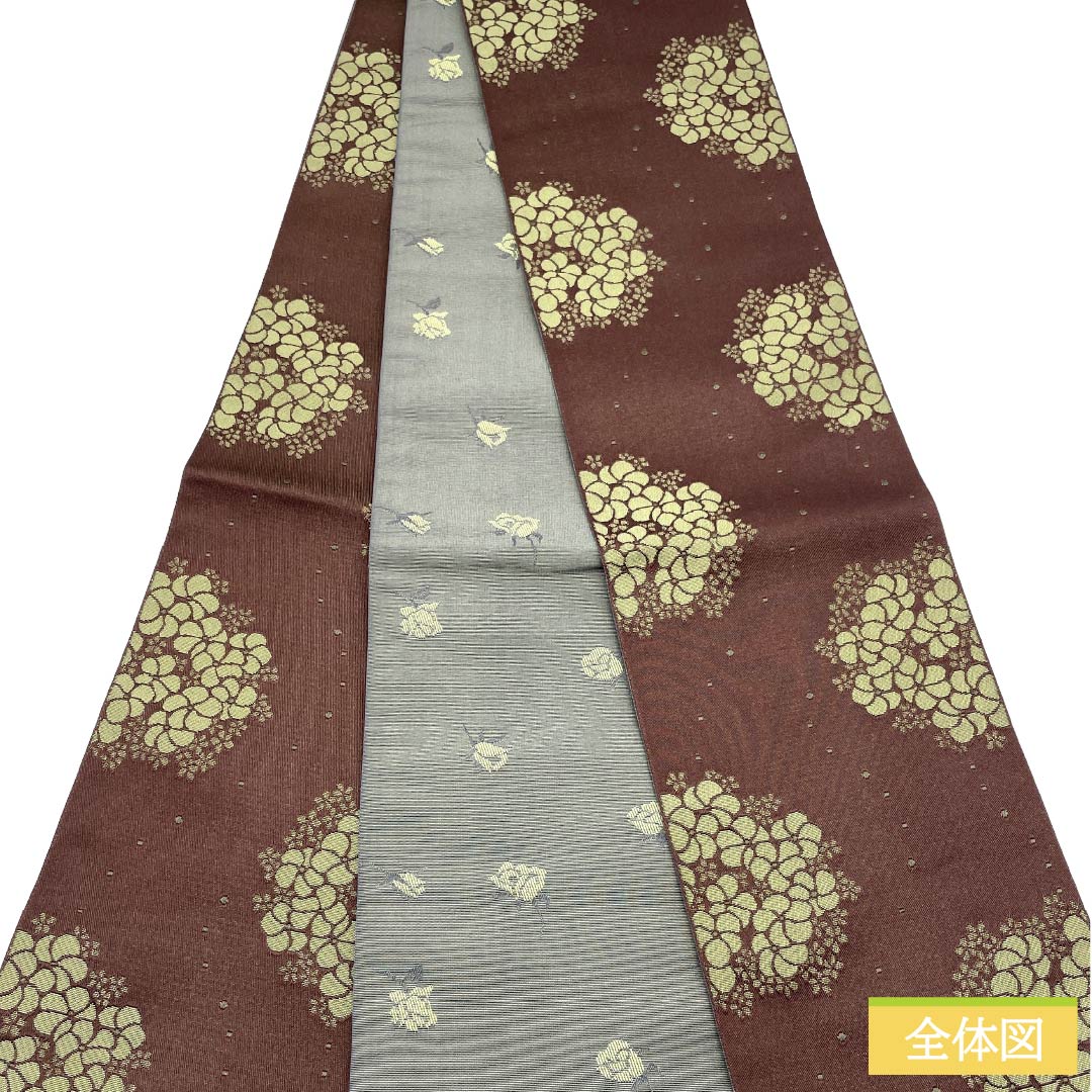 （新品）半幅帯 ポリエステル NEWランク 黒紅梅色（くろこうばいいろ） 藍銀煤竹色（あいぎんすすたけいろ） 紫陽花 薔薇 花柄 帯丈397cm 茶系 1125006031314