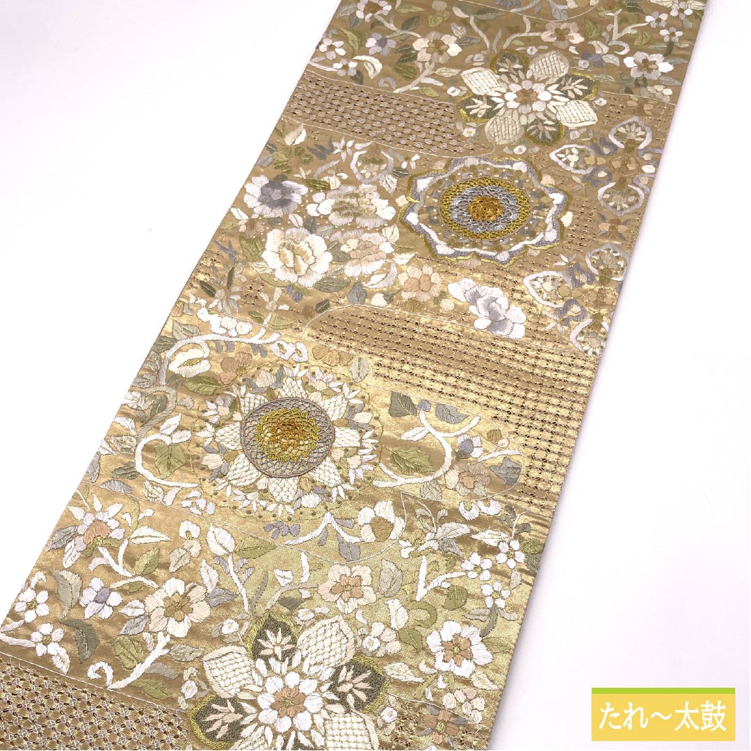 袋帯 正絹 胡桃色（くるみいろ） 唐花 スワトウ刺繍 華文 帯丈444cm Sランク 六通 フォーマル ベージュ系 1123014142325