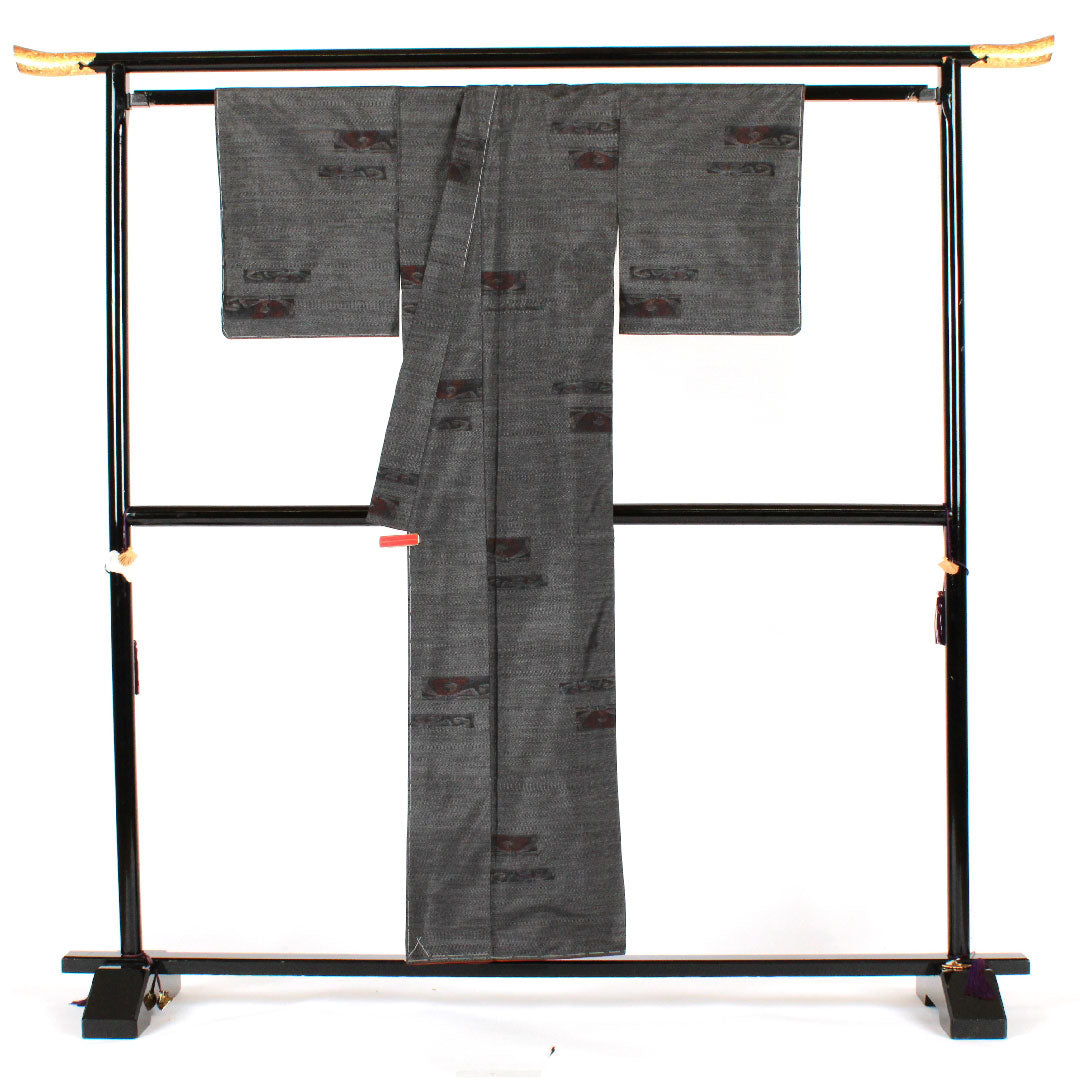 大島紬 身丈154.5cm 裄丈62cm 緯総絣 草花模様 正絹 Aランク 袷 黒系 1116001523210