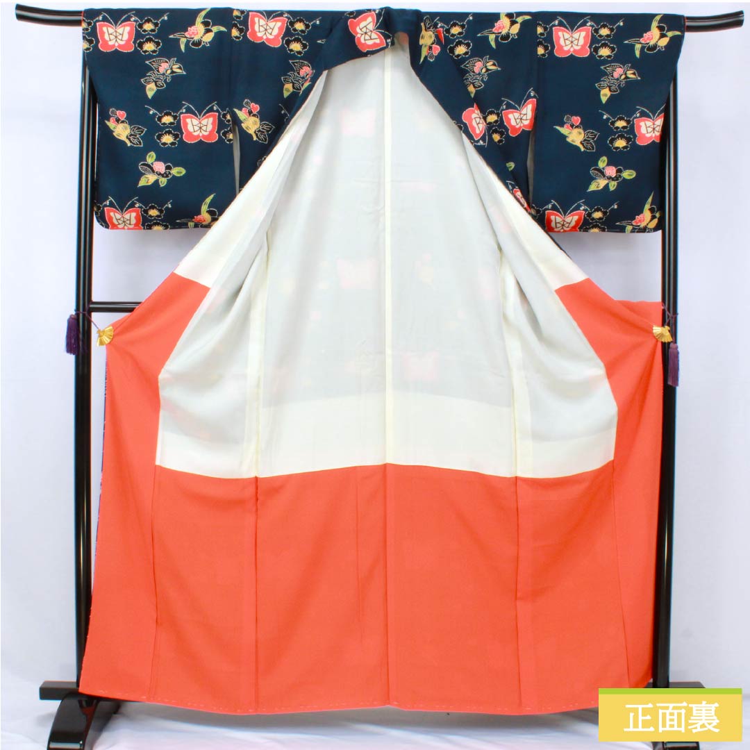 小紋 正絹 Sランク 身丈164cm 裄丈68cm 袷 濃紺色（のうこんいろ） 京紅型 一方付け 蝶 花 紺系 1115007712418