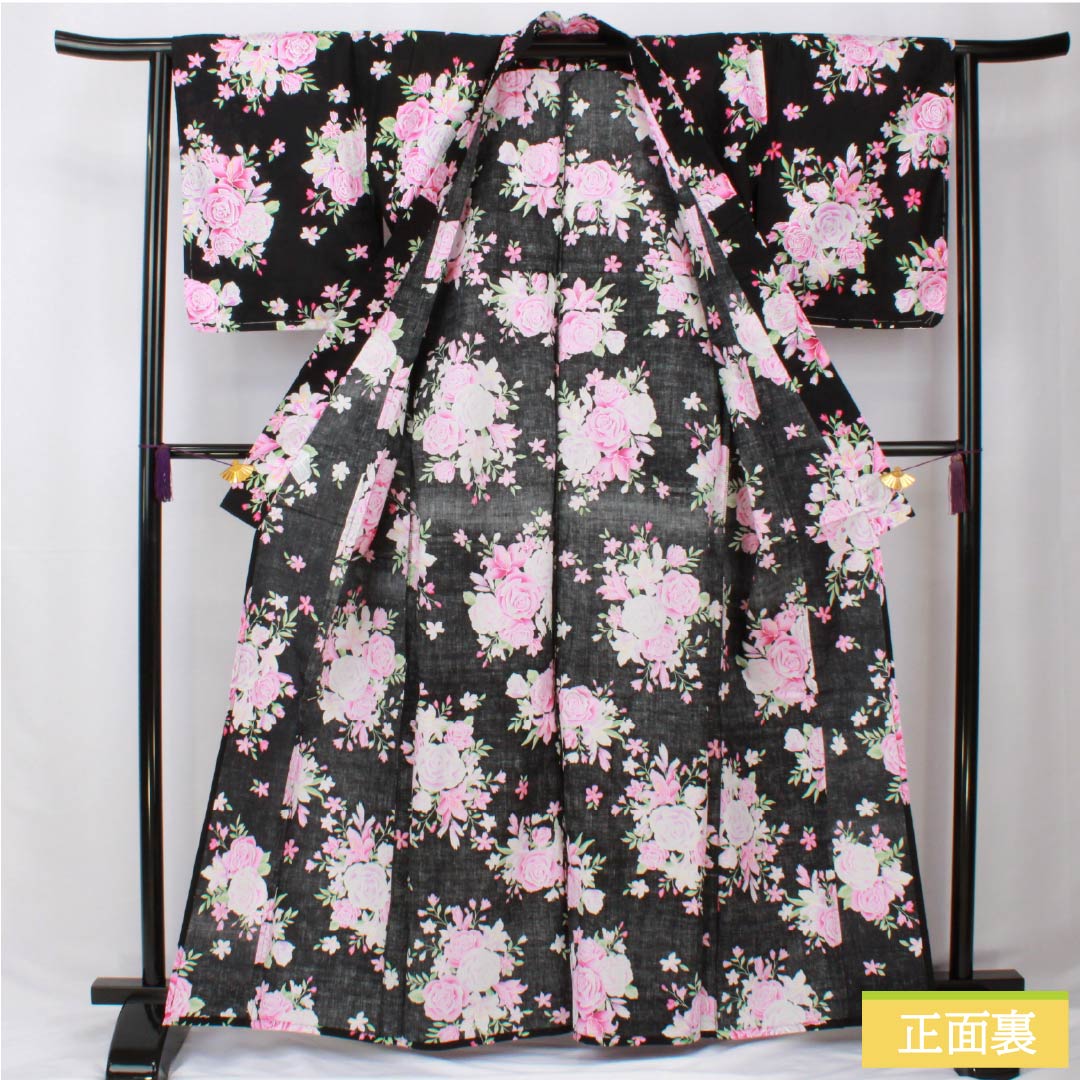 浴衣 木綿 身丈163cm 裄丈64.5cm Sランク 単衣 黒系 薔薇 ラメ 1118006062410