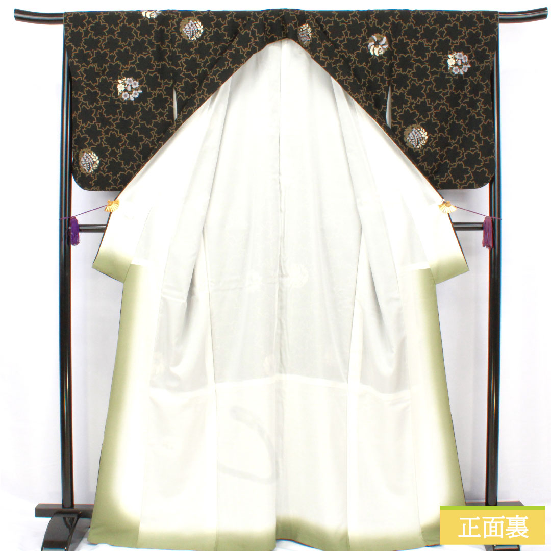 小紋 ポリエステル 身丈166.5cm 裄丈67cm 袷 洗える着物 桜 花模様 Sランク 黒系 1115004952510